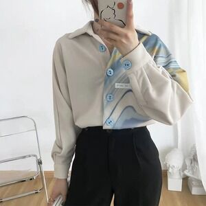 Lily Marble Graphic Blouse Top, Oversized, Slogan,  Button Up, Sz XXS